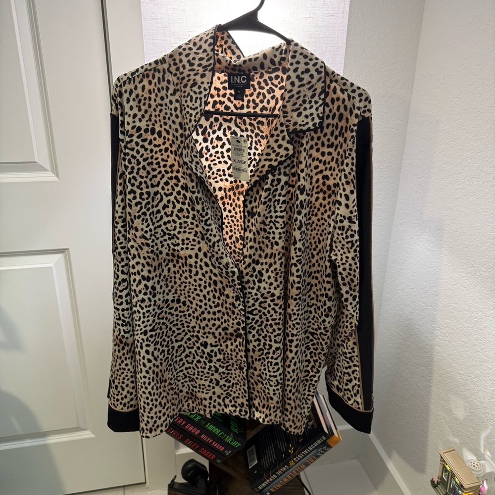 NWT INC Leopard-Print Button Up PJs Set